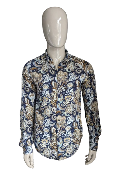 Smog overhemd. Blauw Beige Bruine print. Maat S. Slim Fit.