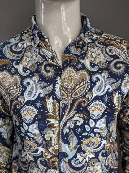 Smog overhemd. Blauw Beige Bruine print. Maat S. Slim Fit.