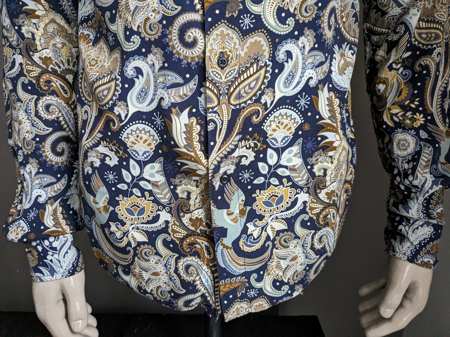 Smog overhemd. Blauw Beige Bruine print. Maat S. Slim Fit.