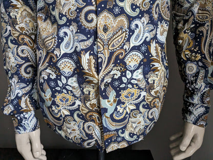 Smog overhemd. Blauw Beige Bruine print. Maat S. Slim Fit.