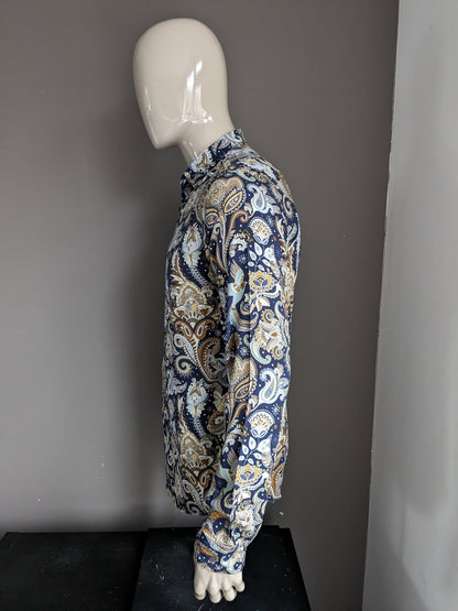 Smog overhemd. Blauw Beige Bruine print. Maat S. Slim Fit.