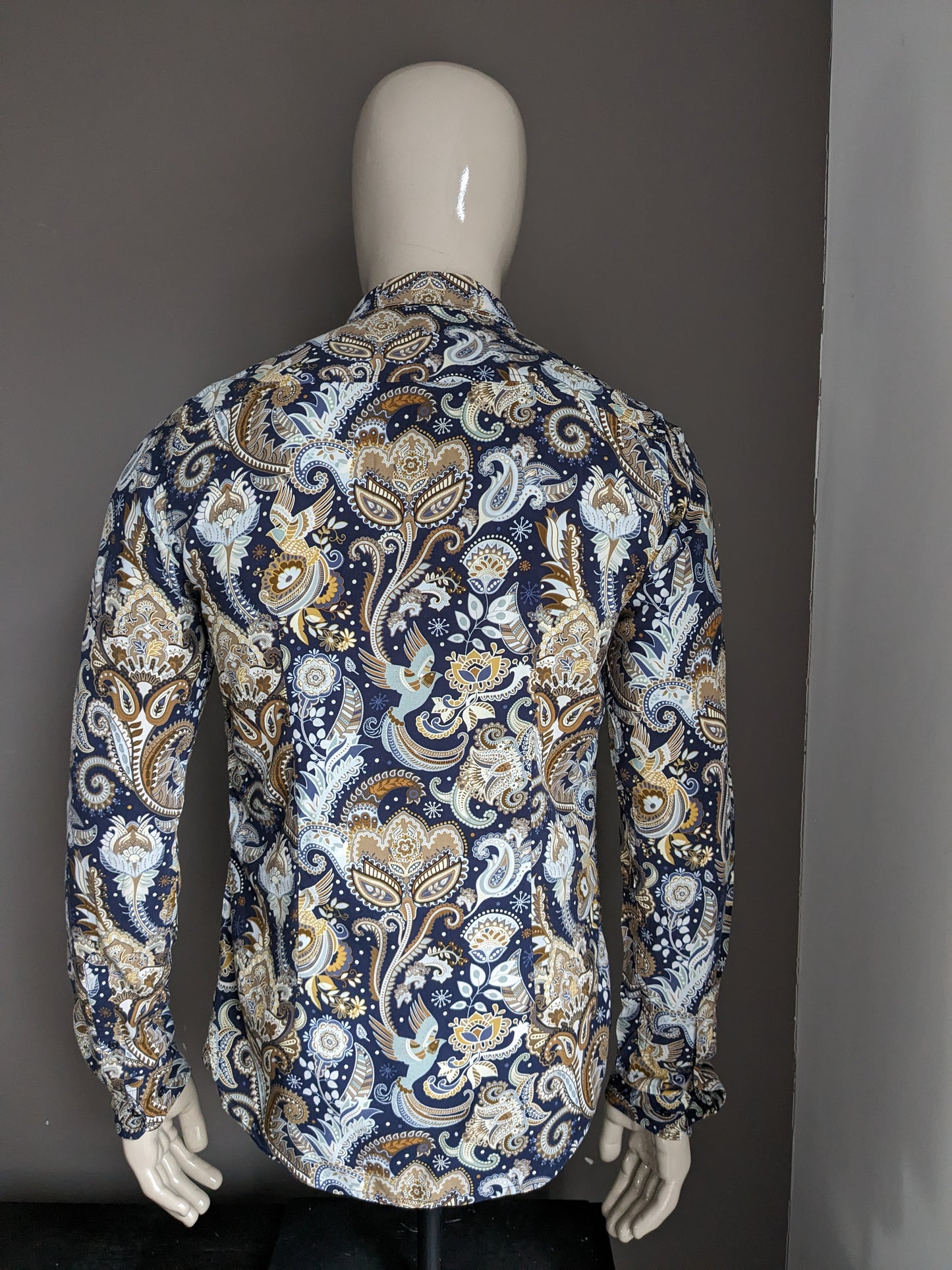 Smog overhemd. Blauw Beige Bruine print. Maat S. Slim Fit.