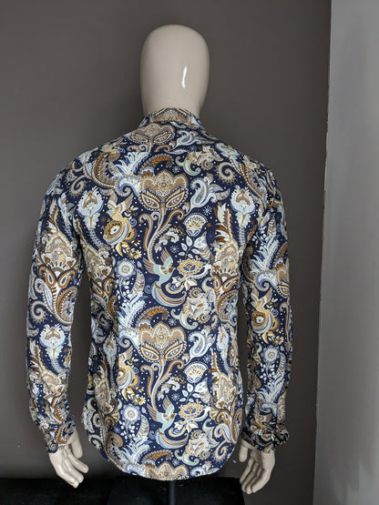 Smog overhemd. Blauw Beige Bruine print. Maat S. Slim Fit.