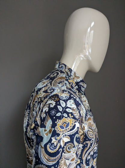 Smog overhemd. Blauw Beige Bruine print. Maat S. Slim Fit.