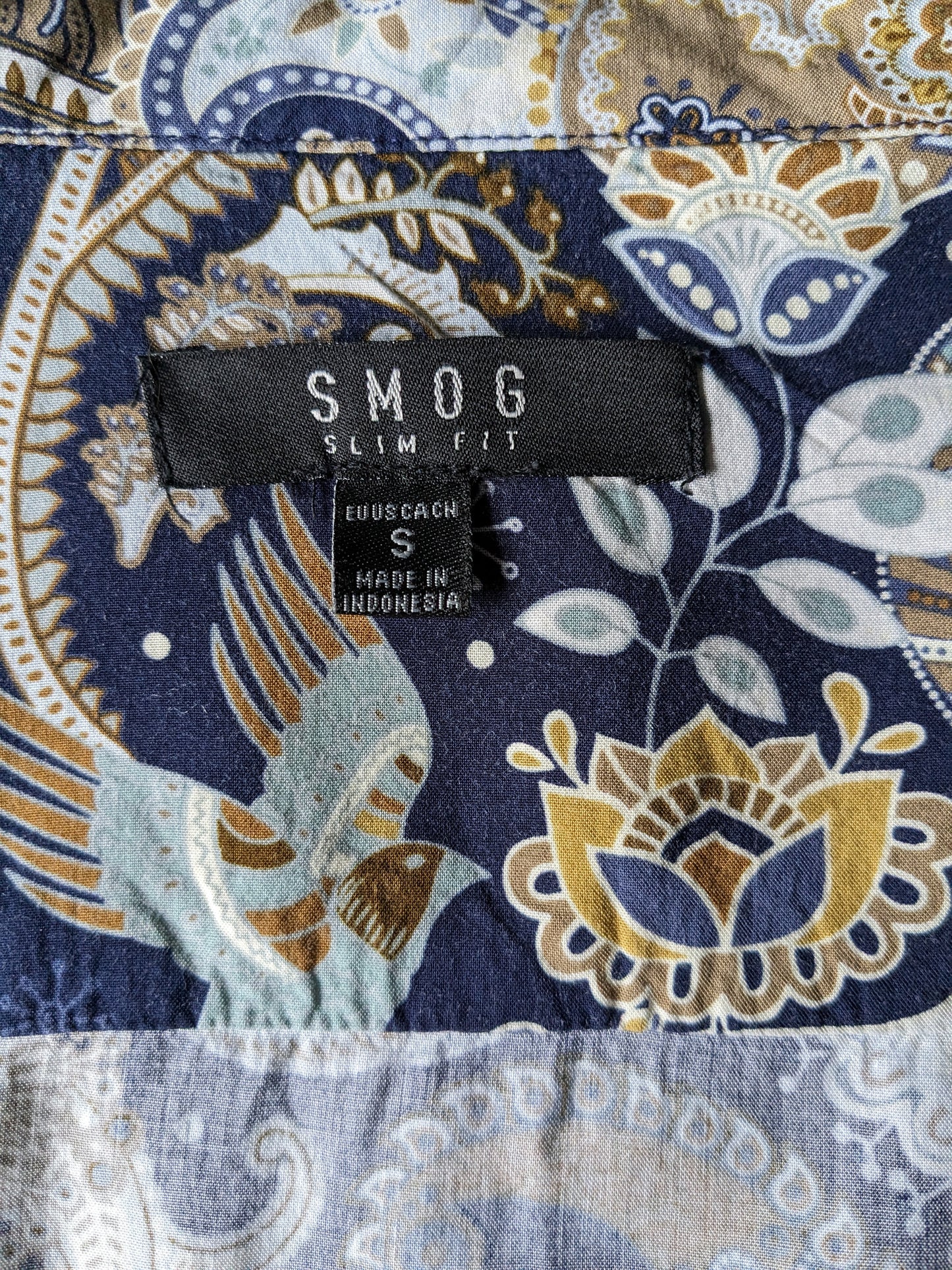 Smog overhemd. Blauw Beige Bruine print. Maat S. Slim Fit.