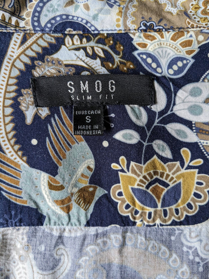 Smog overhemd. Blauw Beige Bruine print. Maat S. Slim Fit.
