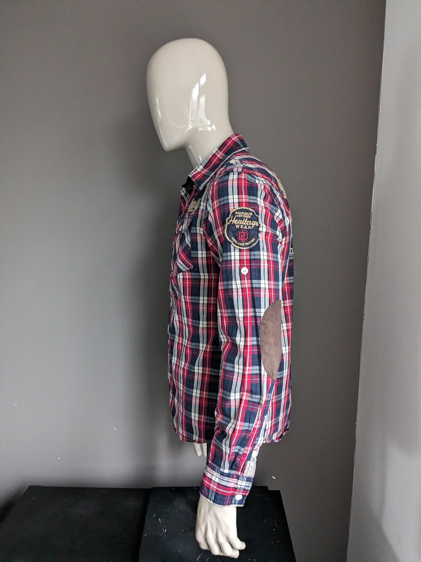 Partuxe shirt. Blue red white checkered with applications. Size L.