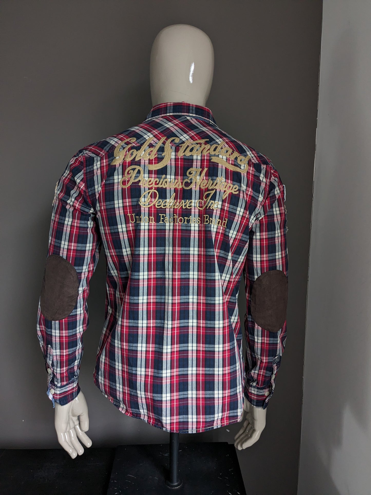 Deeluxe overhemd. Blauw Rood Wit geruit met applicaties. Maat L.