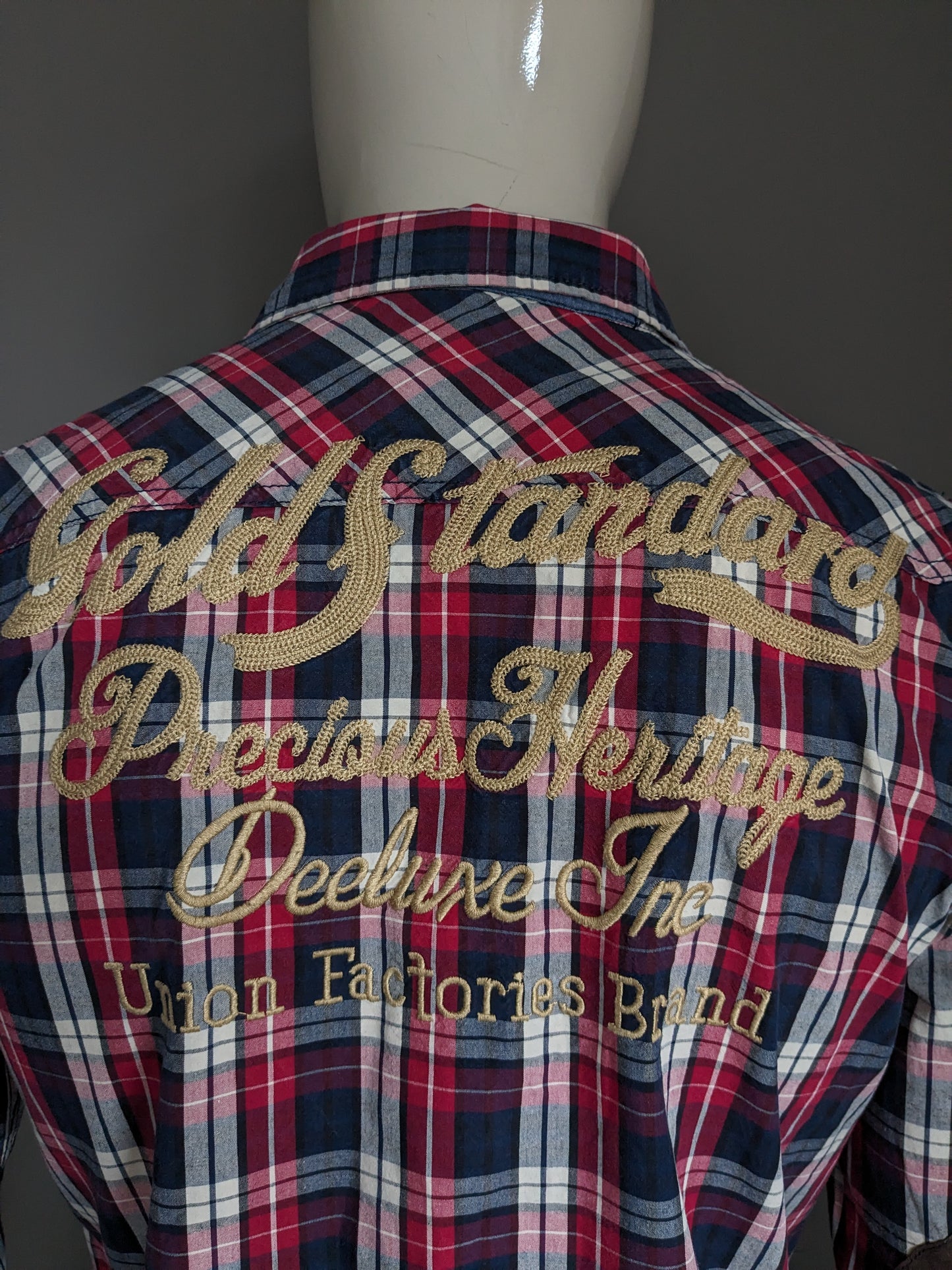 Partuxe shirt. Blue red white checkered with applications. Size L.