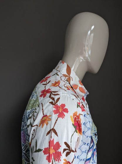 Chemise Desigual avec boutons pression. Imprimé Bleu Marron Rouge Vert. Taille M.
