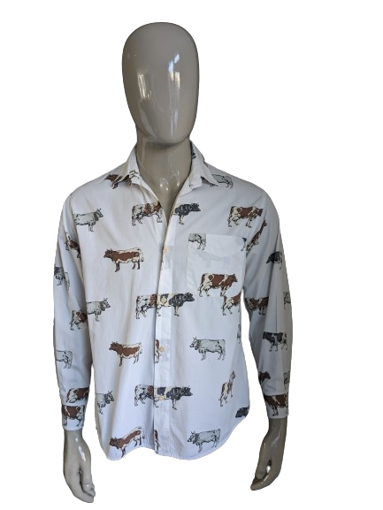 Vintage Nara Camice overhemd. Wit met Bruin Grijze koeien print. Maat L.
