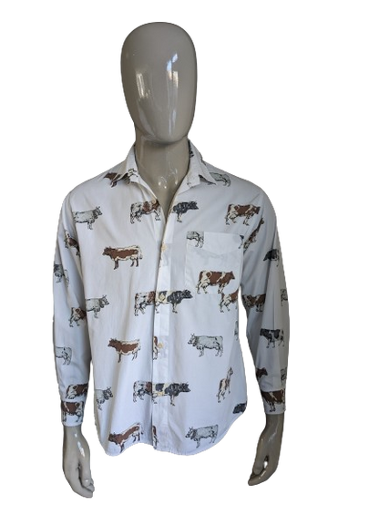 Vintage Nara Camice overhemd. Wit met Bruin Grijze koeien print. Maat L.