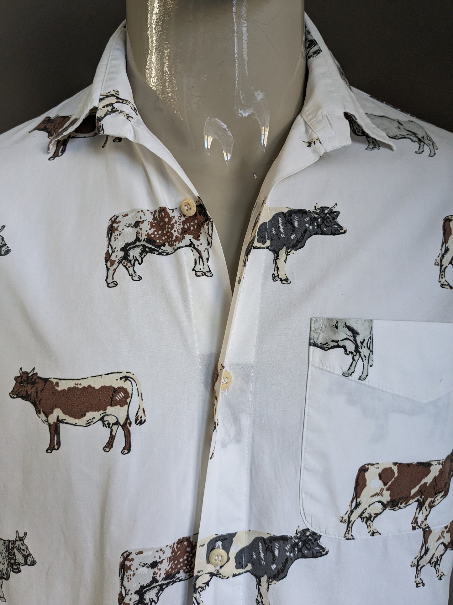 Vintage Nara Camice overhemd. Wit met Bruin Grijze koeien print. Maat L.