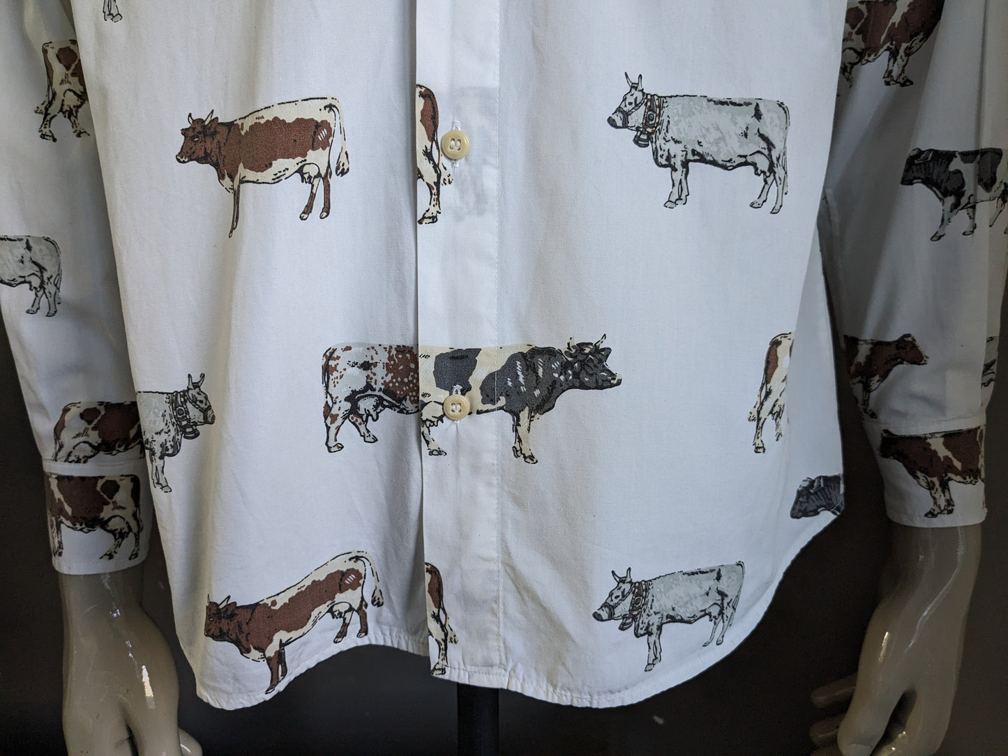 Vintage Nara Camice overhemd. Wit met Bruin Grijze koeien print. Maat L.
