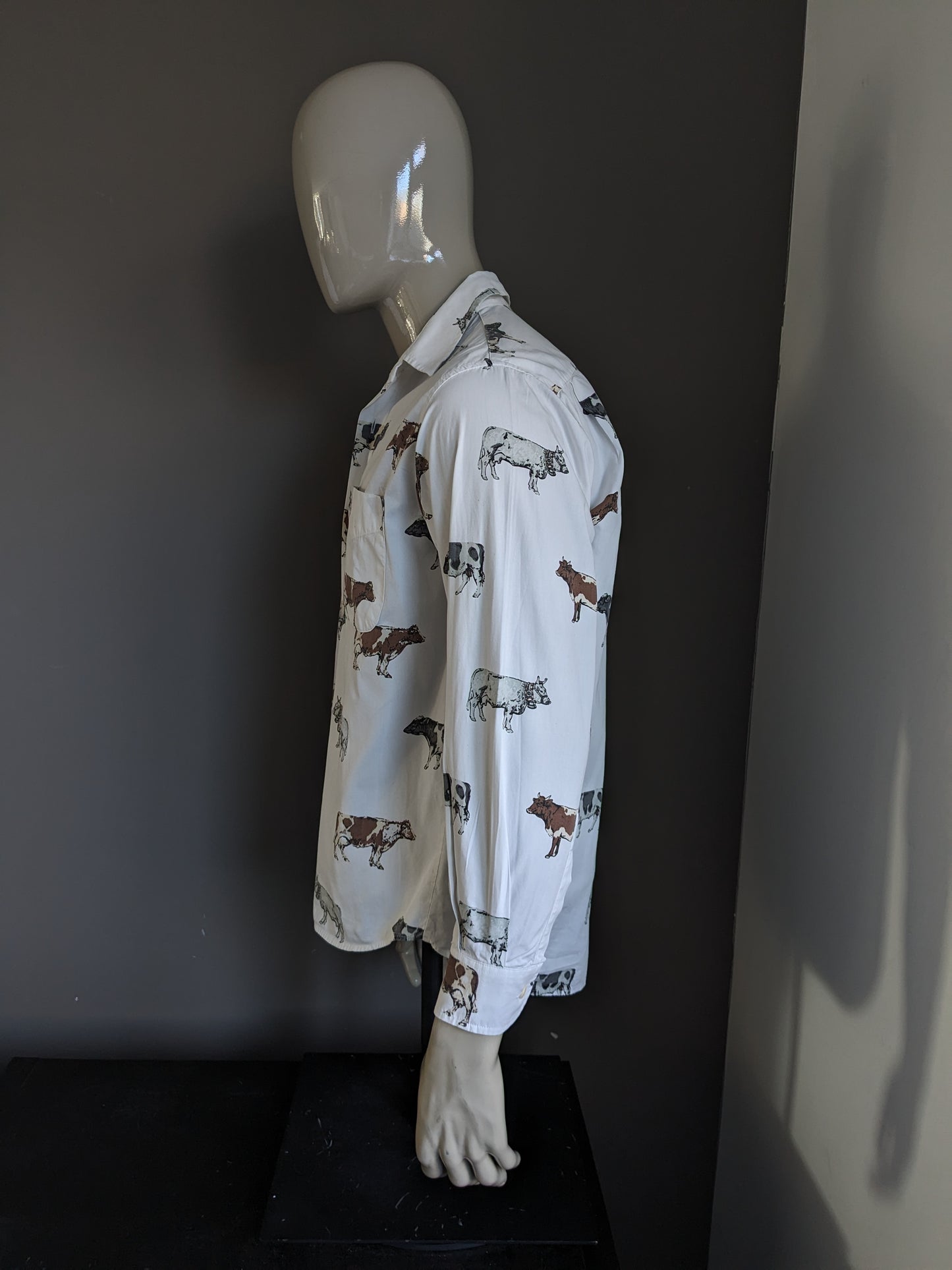 Vintage Nara Camice overhemd. Wit met Bruin Grijze koeien print. Maat L.