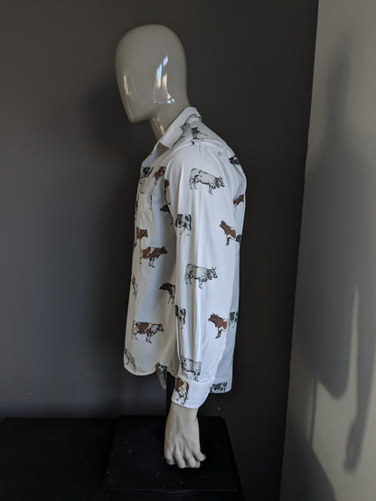 Vintage Nara Camice overhemd. Wit met Bruin Grijze koeien print. Maat L.