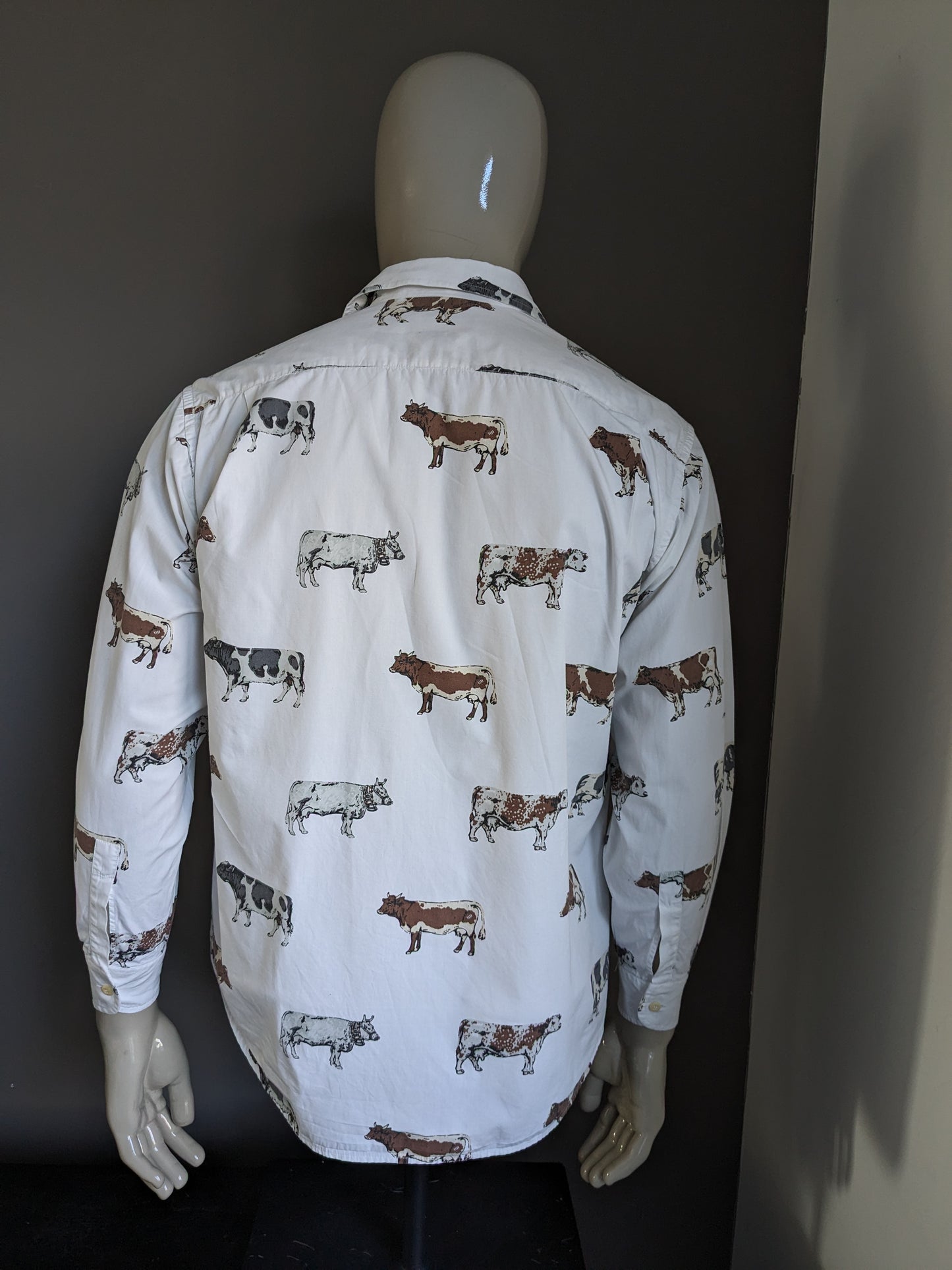 Vintage Nara Camice overhemd. Wit met Bruin Grijze koeien print. Maat L.