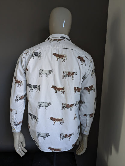 Vintage Nara Camice overhemd. Wit met Bruin Grijze koeien print. Maat L.
