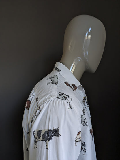 Vintage Nara Camice overhemd. Wit met Bruin Grijze koeien print. Maat L.