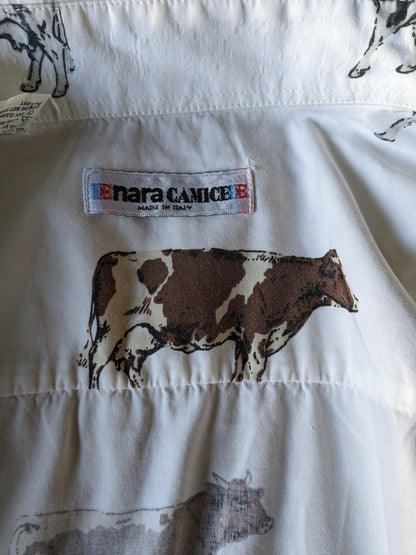 Vintage Nara Camice overhemd. Wit met Bruin Grijze koeien print. Maat L.