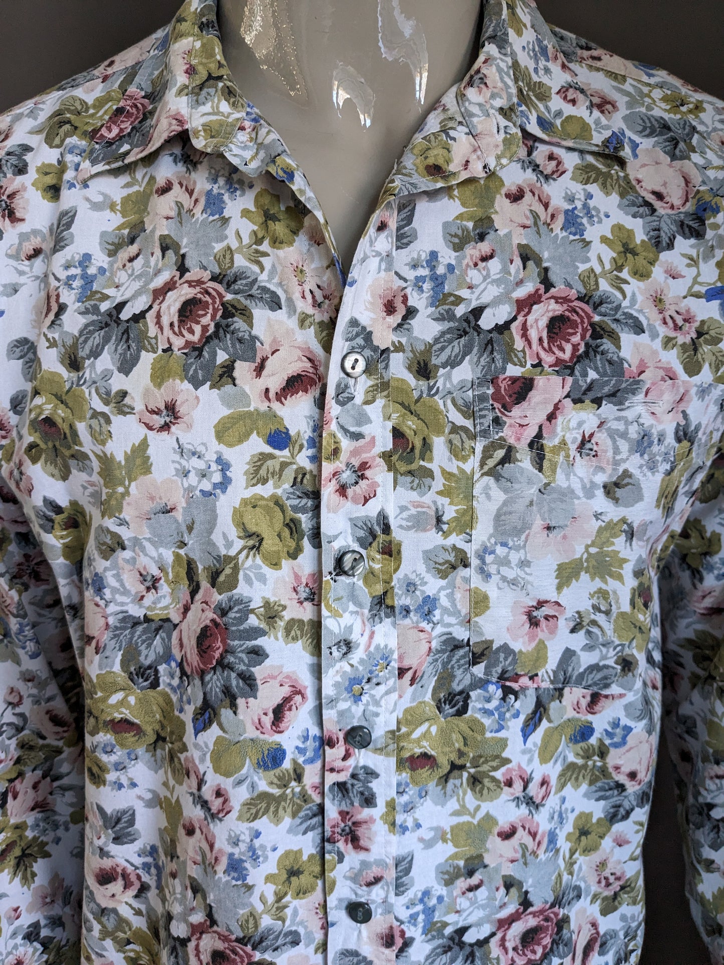 Vintage Herren -Modehemd. Rosa grüne rosa Blumen drucken. Größe 41/42 - L.