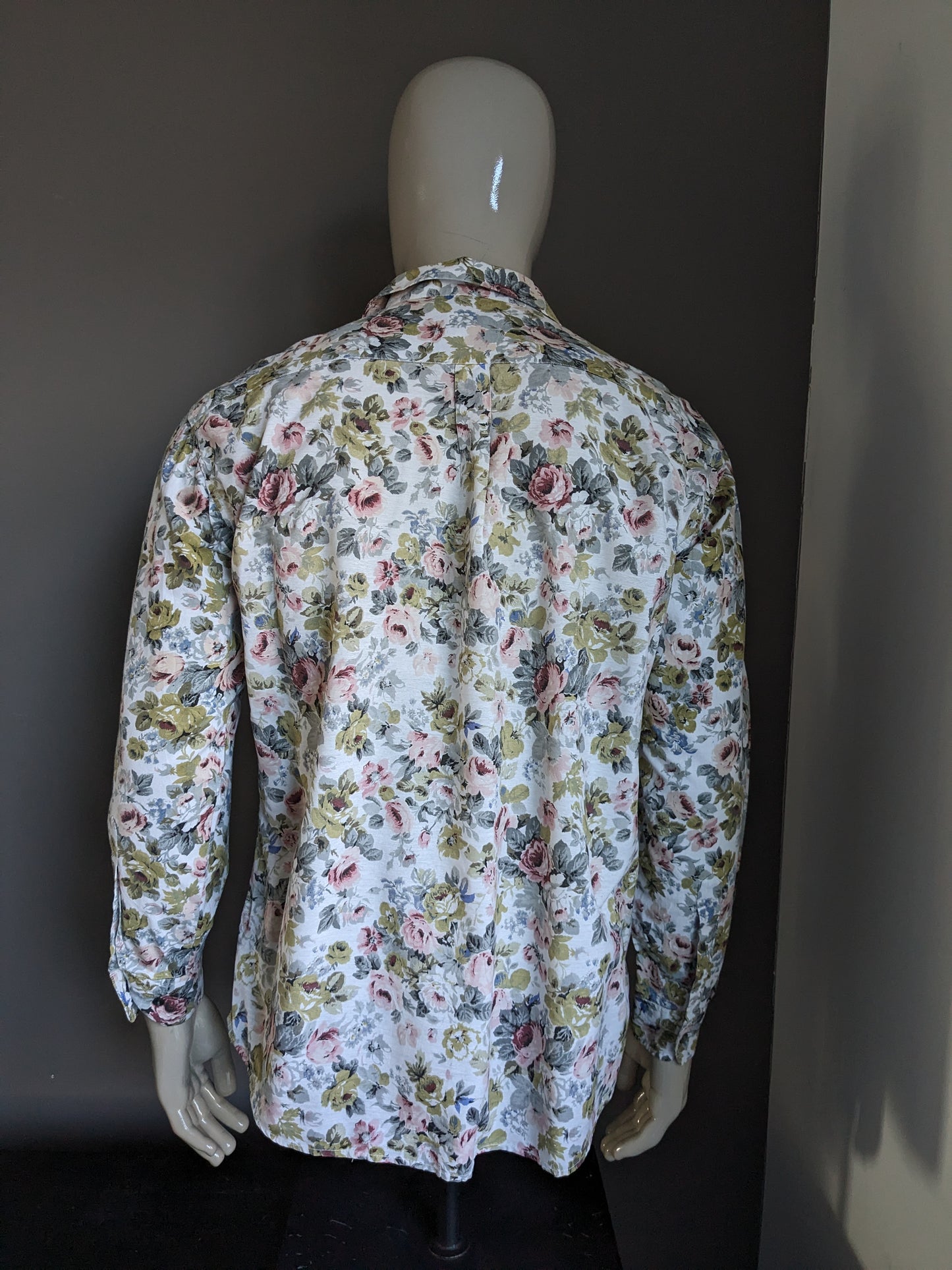 Vintage Men's Fashion overhemd. Roze Groen Roze bloemen print. Maat 41 / 42 - L.