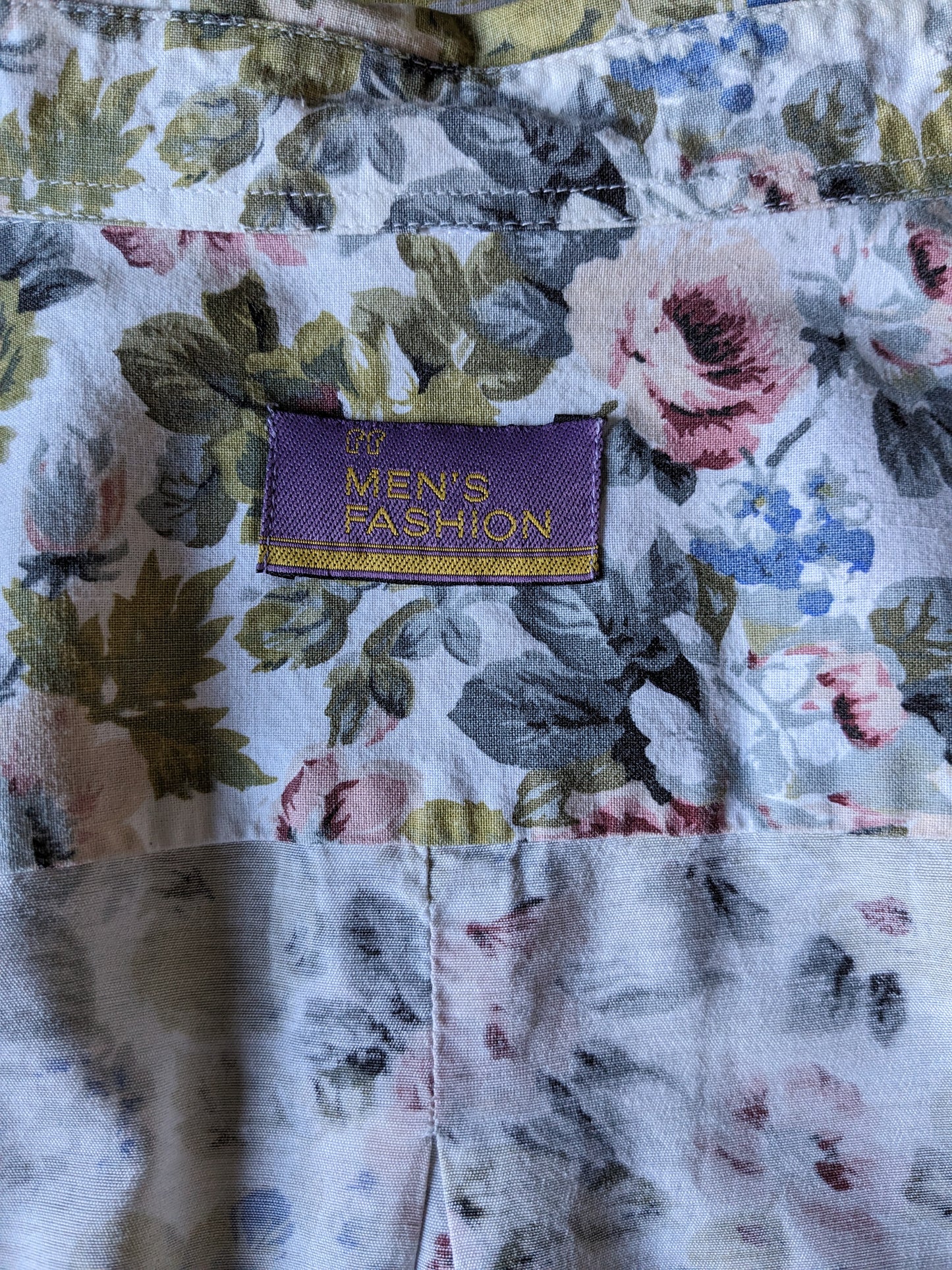 Vintage Men's Fashion overhemd. Roze Groen Roze bloemen print. Maat 41 / 42 - L.
