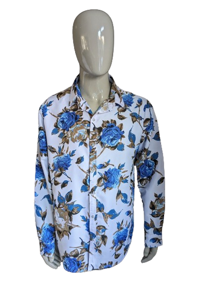 Chemise imprimée sans marque. Imprimé floral bleu marron. Taille XL.