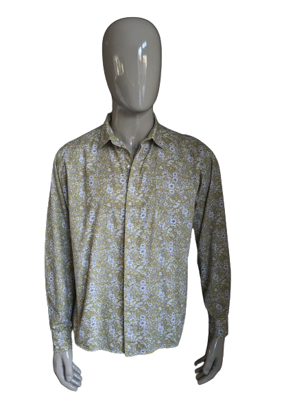 Chemise imprimée sans marque. Imprimé floral vert blanc gris. Taille XL.