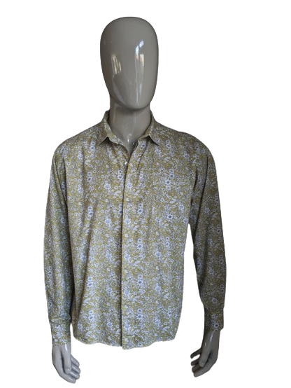 Chemise imprimée sans marque. Imprimé floral vert blanc gris. Taille XL.