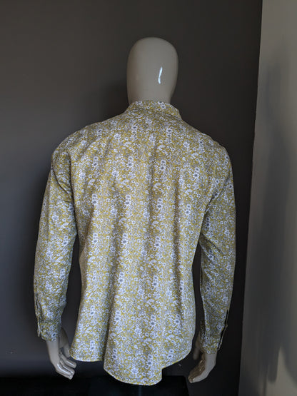 Chemise imprimée sans marque. Imprimé floral vert blanc gris. Taille XL.