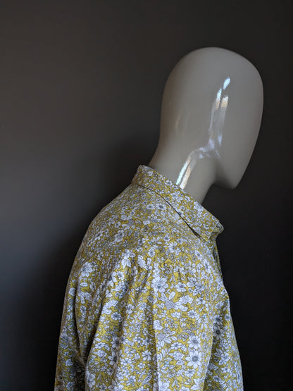 Chemise imprimée sans marque. Imprimé floral vert blanc gris. Taille XL.
