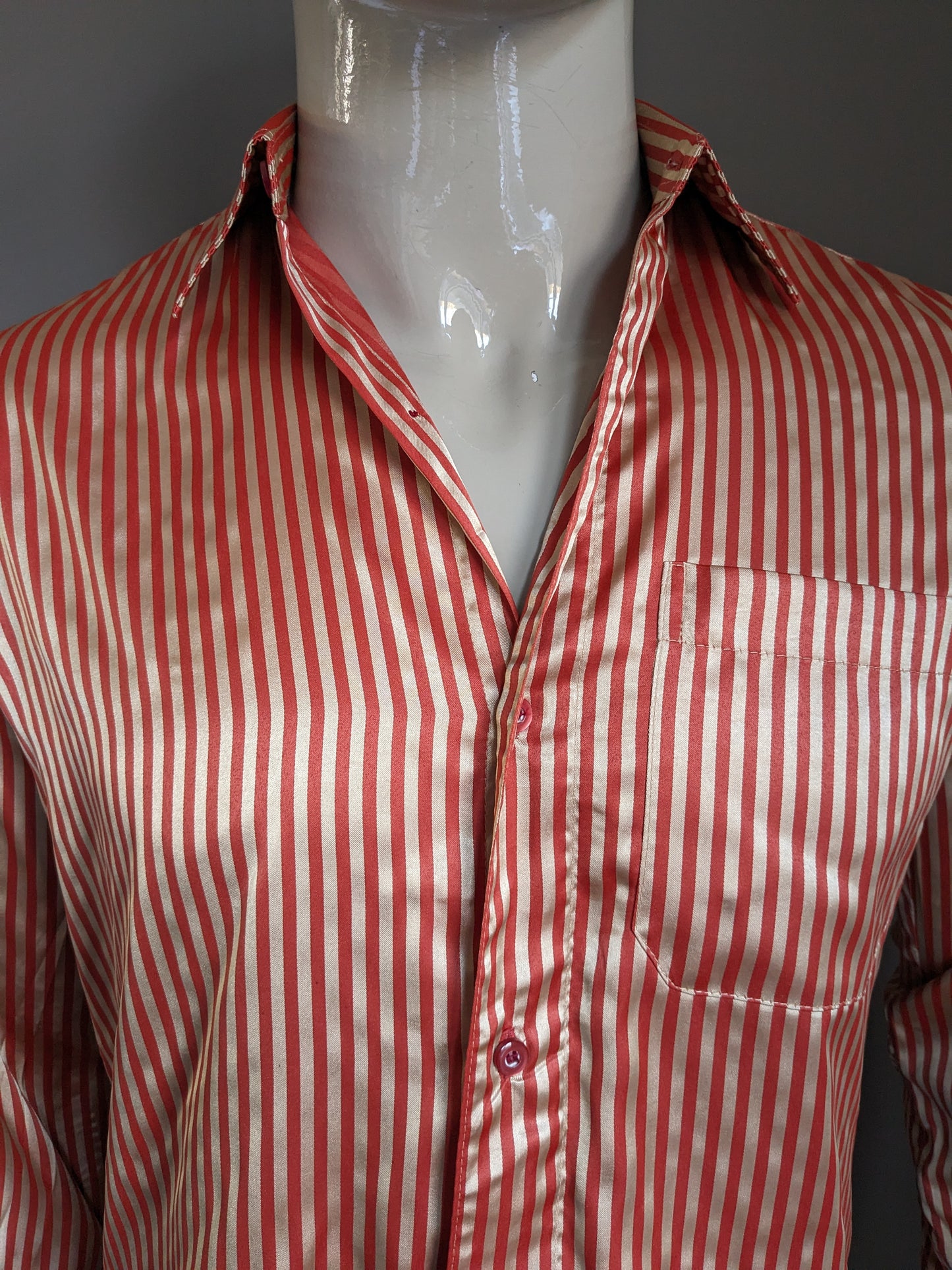 Vintage Bangalore overhemd. Rood Goudkleurig gestreept. Maat M.