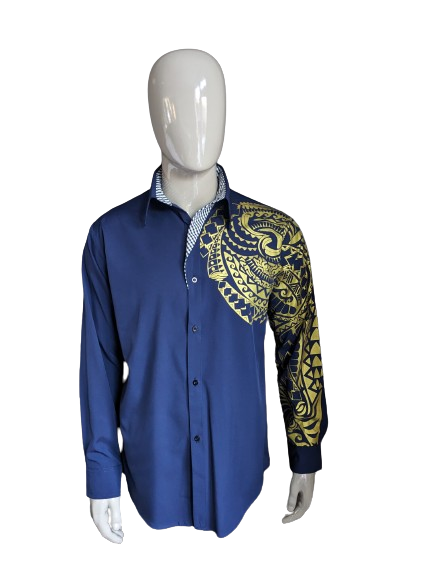 Vintage separate unbranded shirt. Dark blue with gold -colored print on the sleeve. Size L.