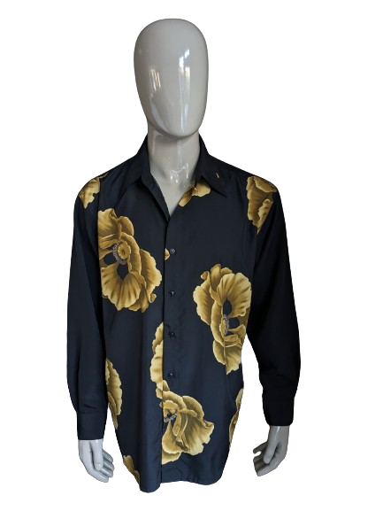 Vintage St. Clou Shirt. Black Gold -geläutete Blumen drucken. Größe xl.