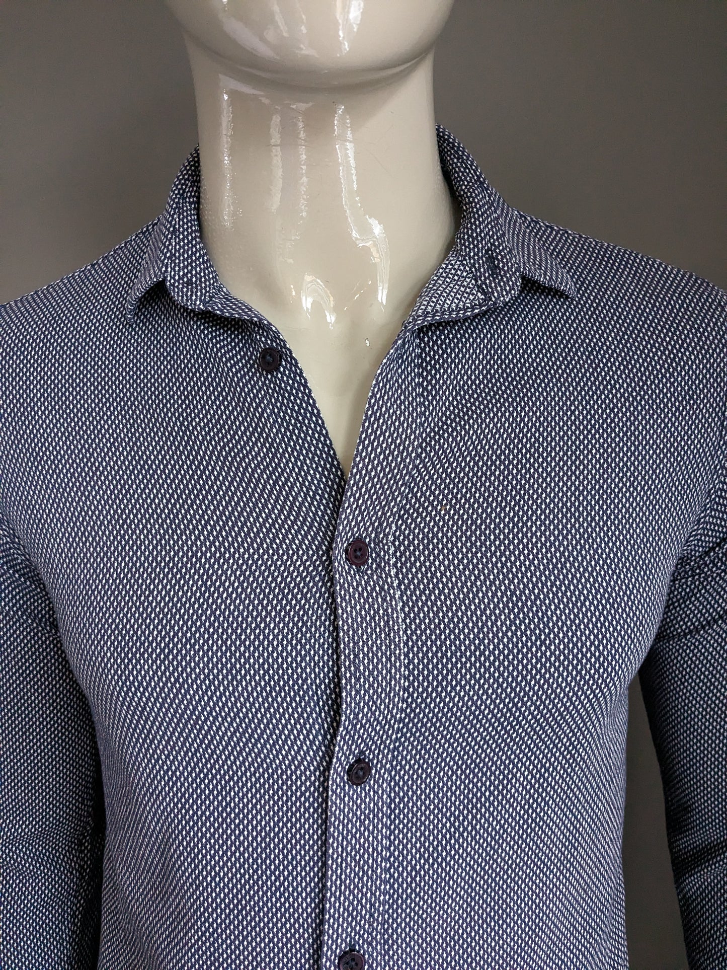 Only & Sons overhemd. Blauw wit motief. Maat M / S. Slim Fit.