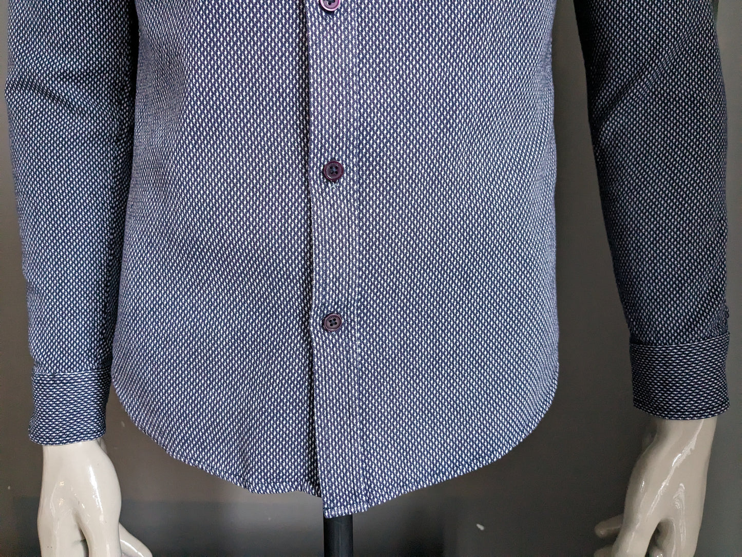 Only & Sons overhemd. Blauw wit motief. Maat M / S. Slim Fit.