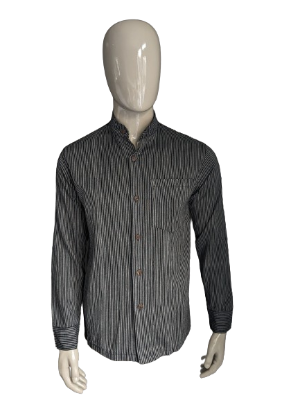 Vintage shirt upright / farmers / mao collar. Black gray striped. Size M.