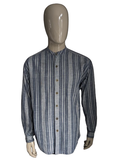 Vintage Casa Blanca overhemd opstaande / farmers / Mao kraag. Blauw grijs gestreept. Maat XL.