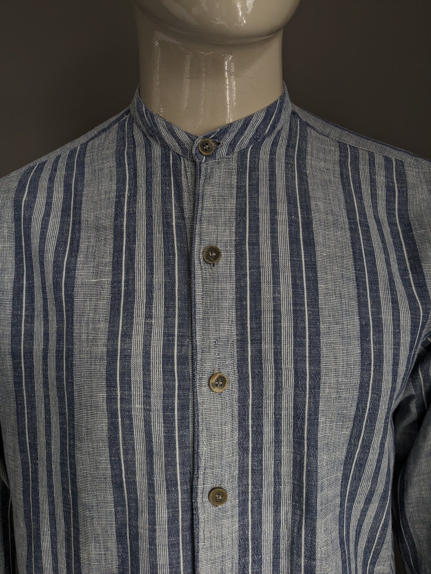 Vintage Casa Blanca overhemd opstaande / farmers / Mao kraag. Blauw grijs gestreept. Maat XL.