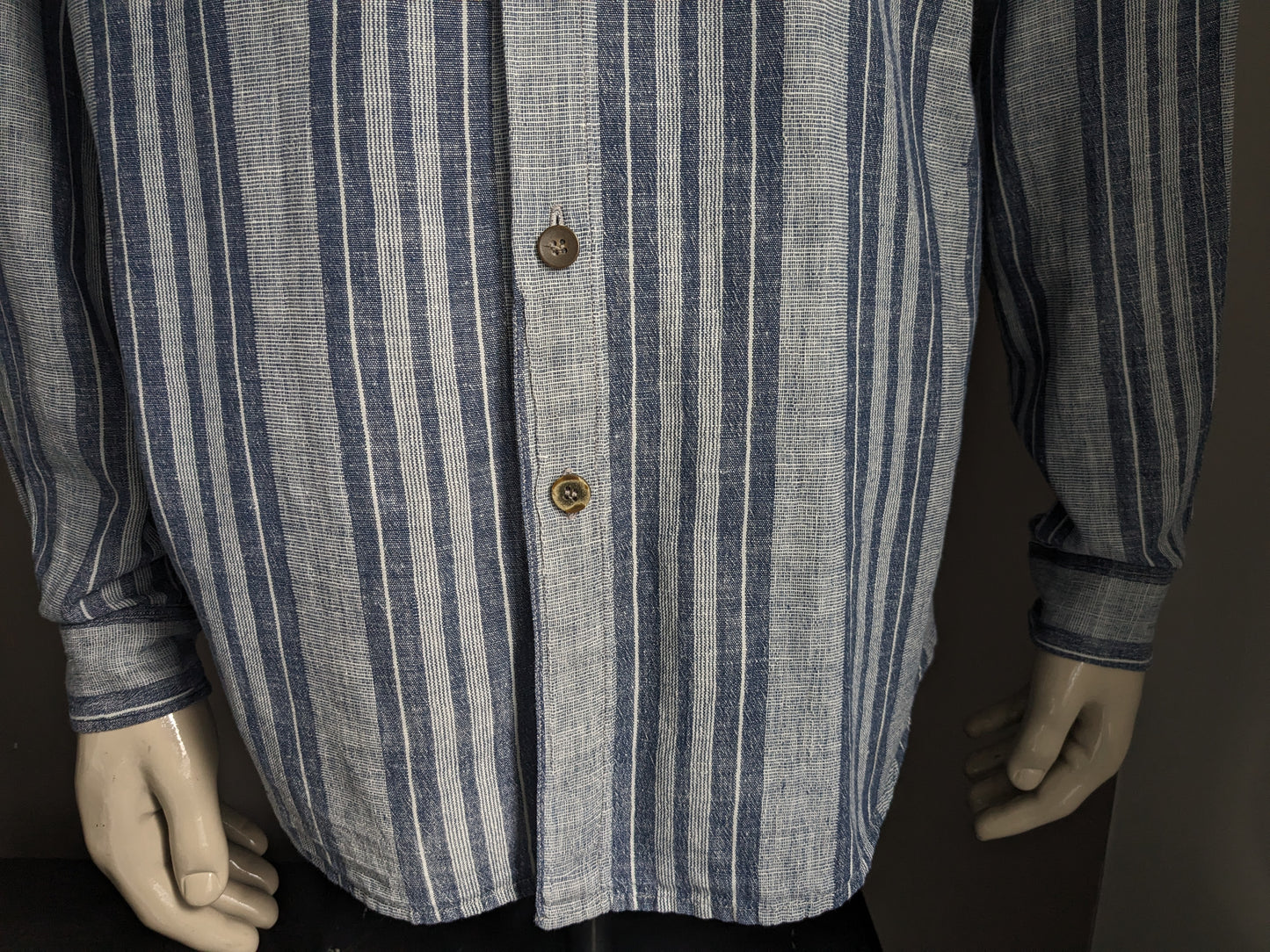 Shirt vintage Casa Blanca in posizione verticale / Farride / Mao Collar. Strisce grigio blu. Taglia XL.