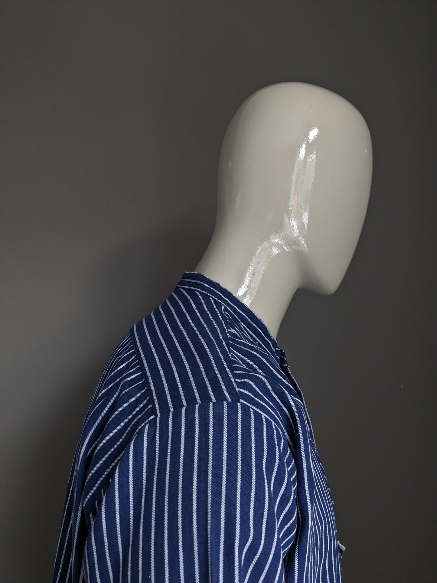 Vintage Modas Polo Sweater / Shirt. Standing / Farmers / Mao Collar. Blue white striped. Size XL.