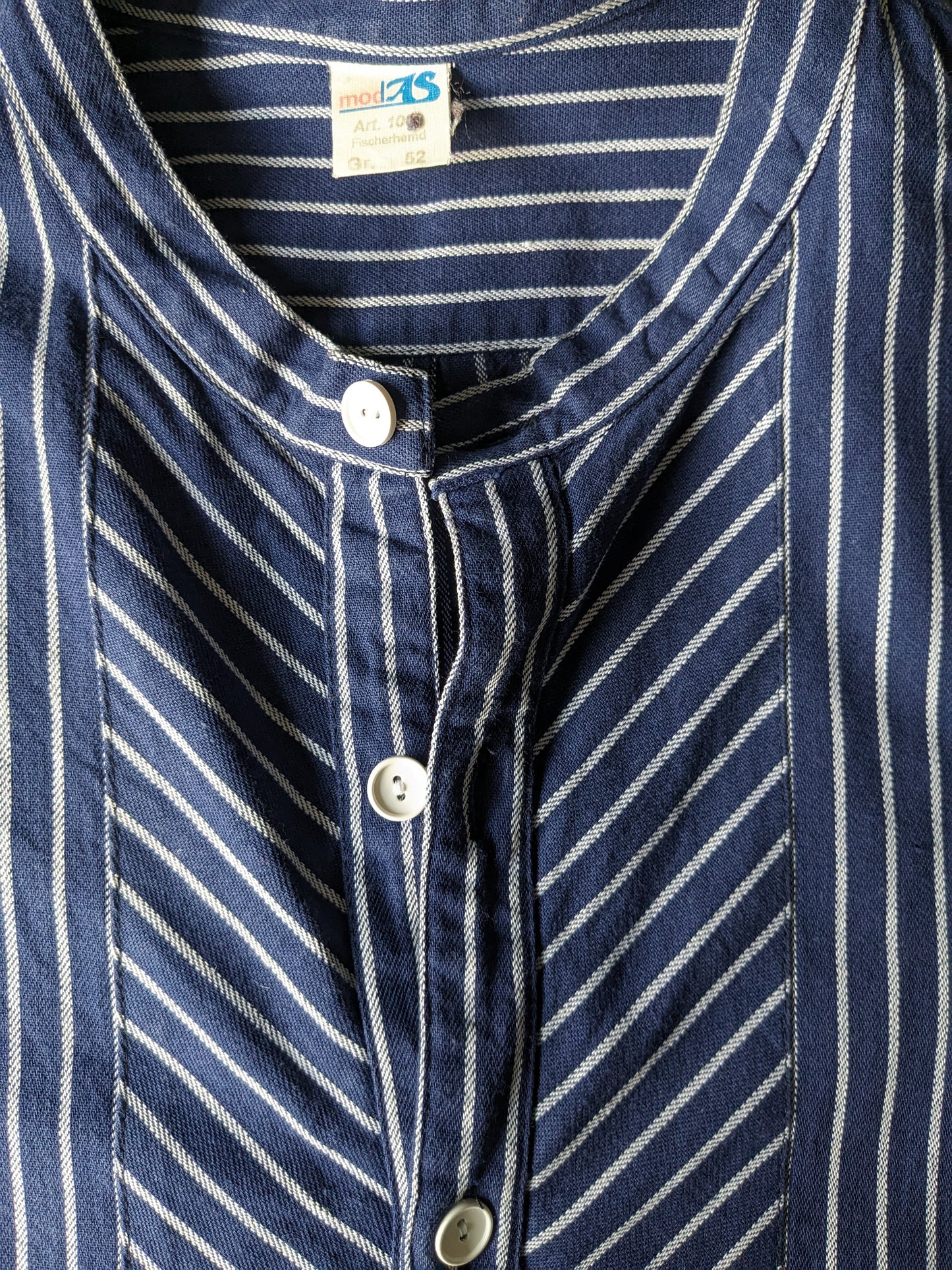 Vintage Modas Polo Pullover / Hemd. Steh- / Landwirte / Mao -Kragen. Blau weiß gestreift. Größe xl.