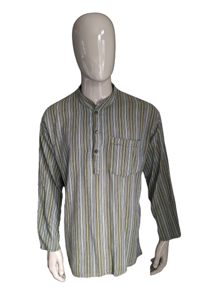 Maglione / camicia da polo vintage con raccolto rialzato / agricoltori / mao. Strisce blu marrone viola verde con borsa. Taglia XL.