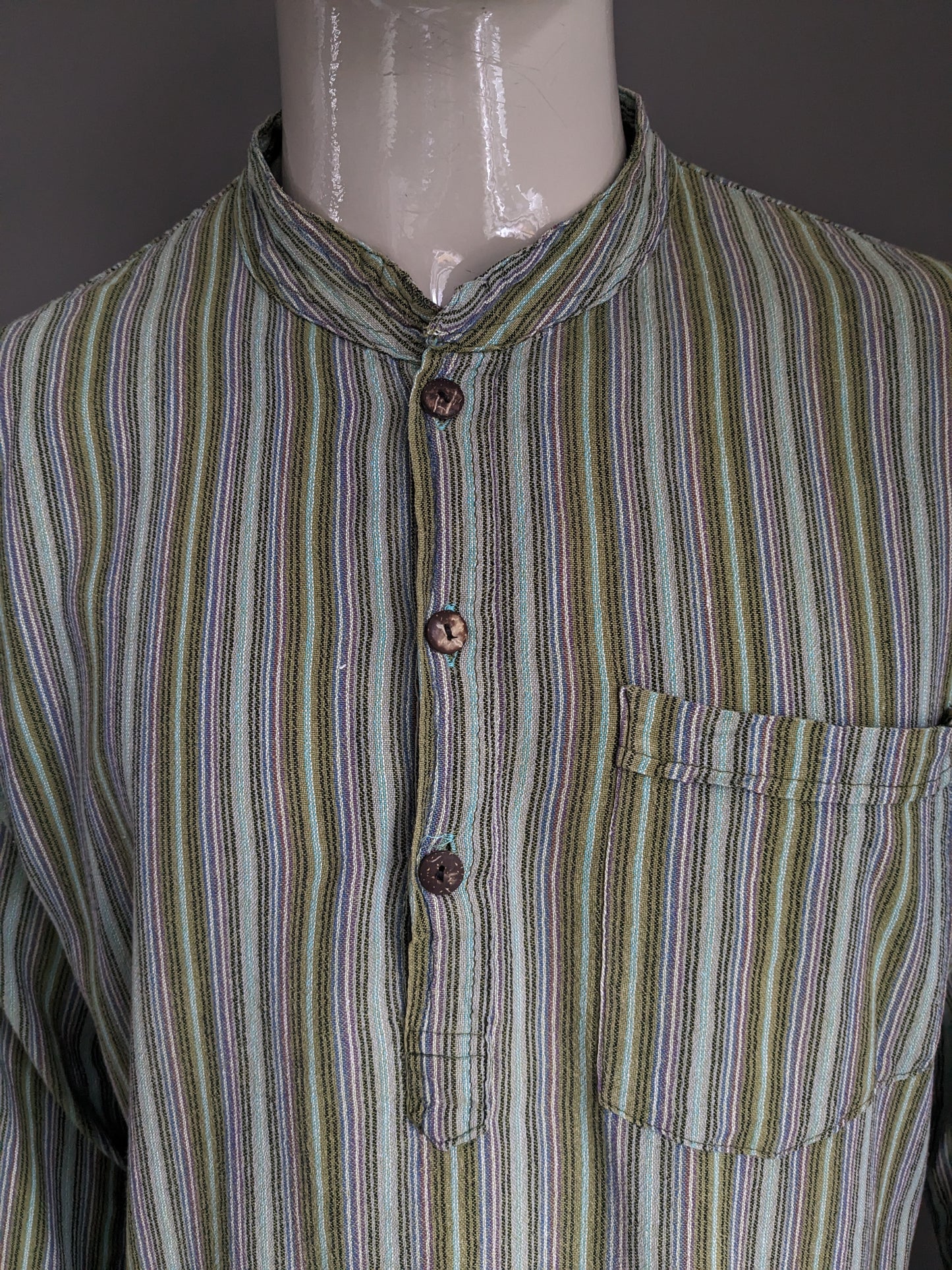 Vintage polo sweater / shirt with raised / farmers / mao collar. Green purple brown blue striped with bag. Size XL.