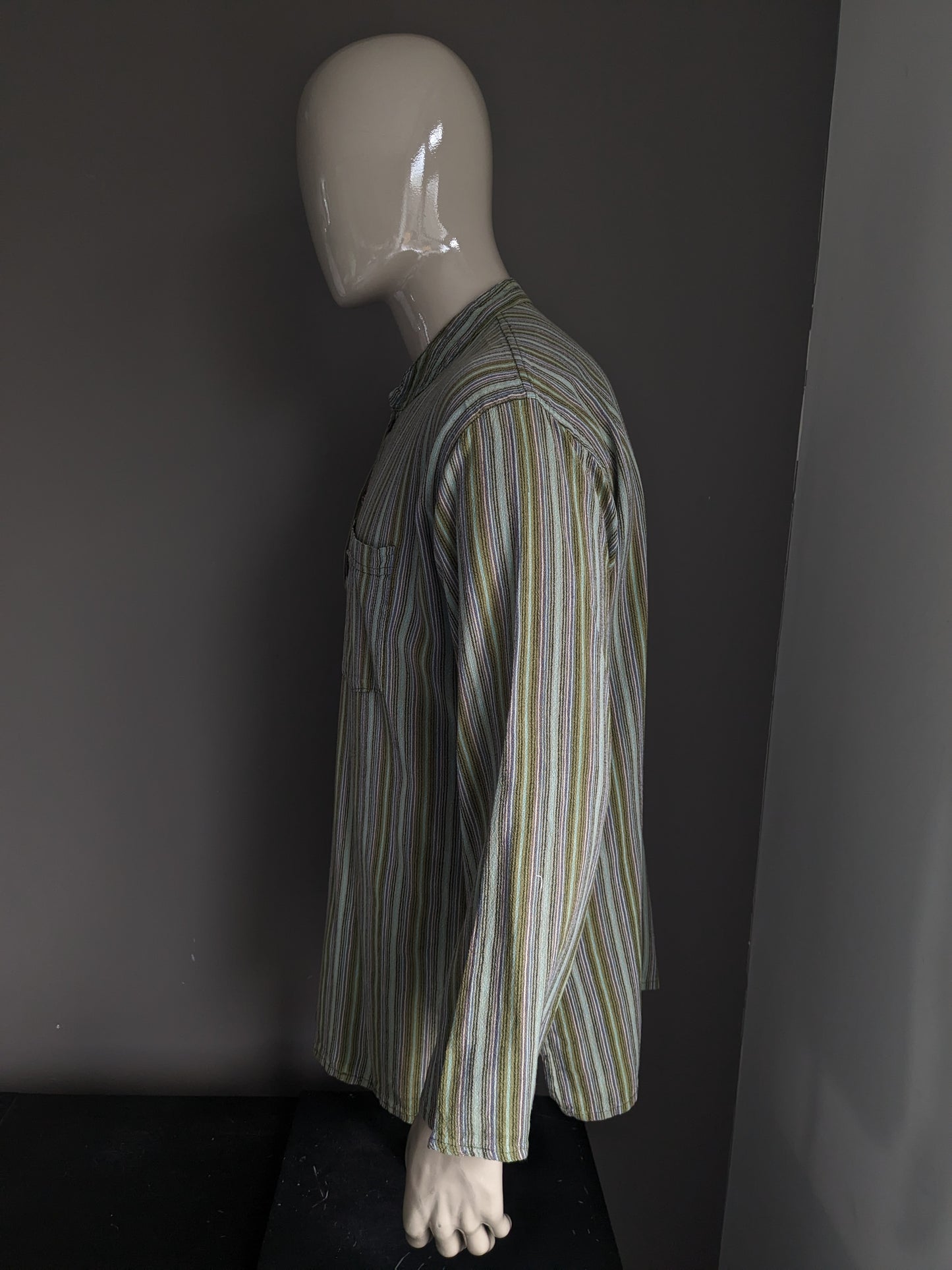 Maglione / camicia da polo vintage con raccolto rialzato / agricoltori / mao. Strisce blu marrone viola verde con borsa. Taglia XL.