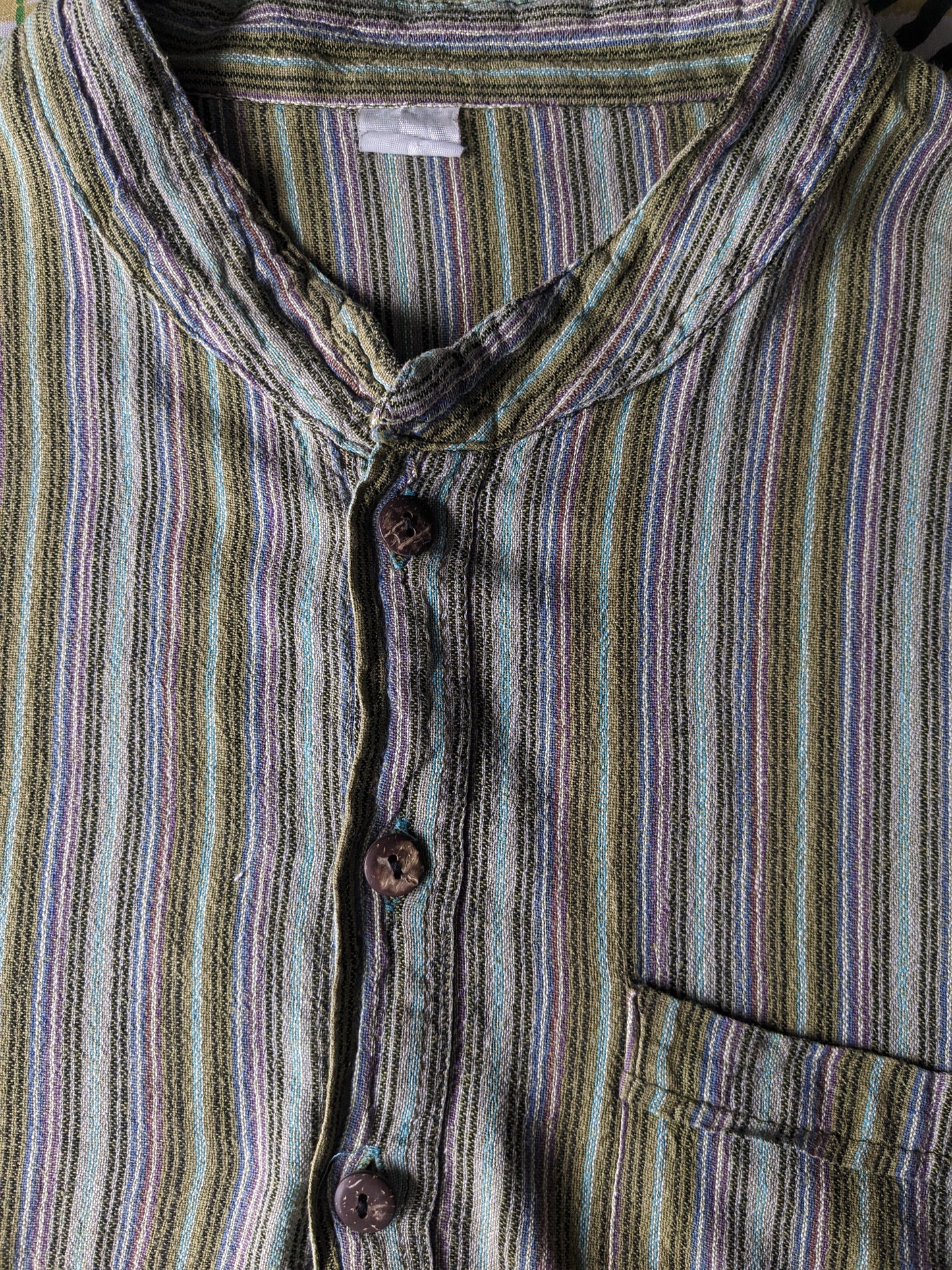 Vintage polo sweater / shirt with raised / farmers / mao collar. Green purple brown blue striped with bag. Size XL.