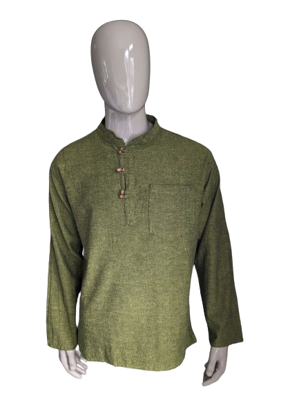 Vintage Laxman's polo trui / overhemd met opstaande / farmers / Mao kraag. Groen gemêleerd. Maat XL.