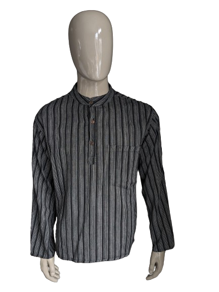 Vintage yuli polo sweater / shirt with raised / farmers / mao collar. Black gray striped with bag. Size XL.
