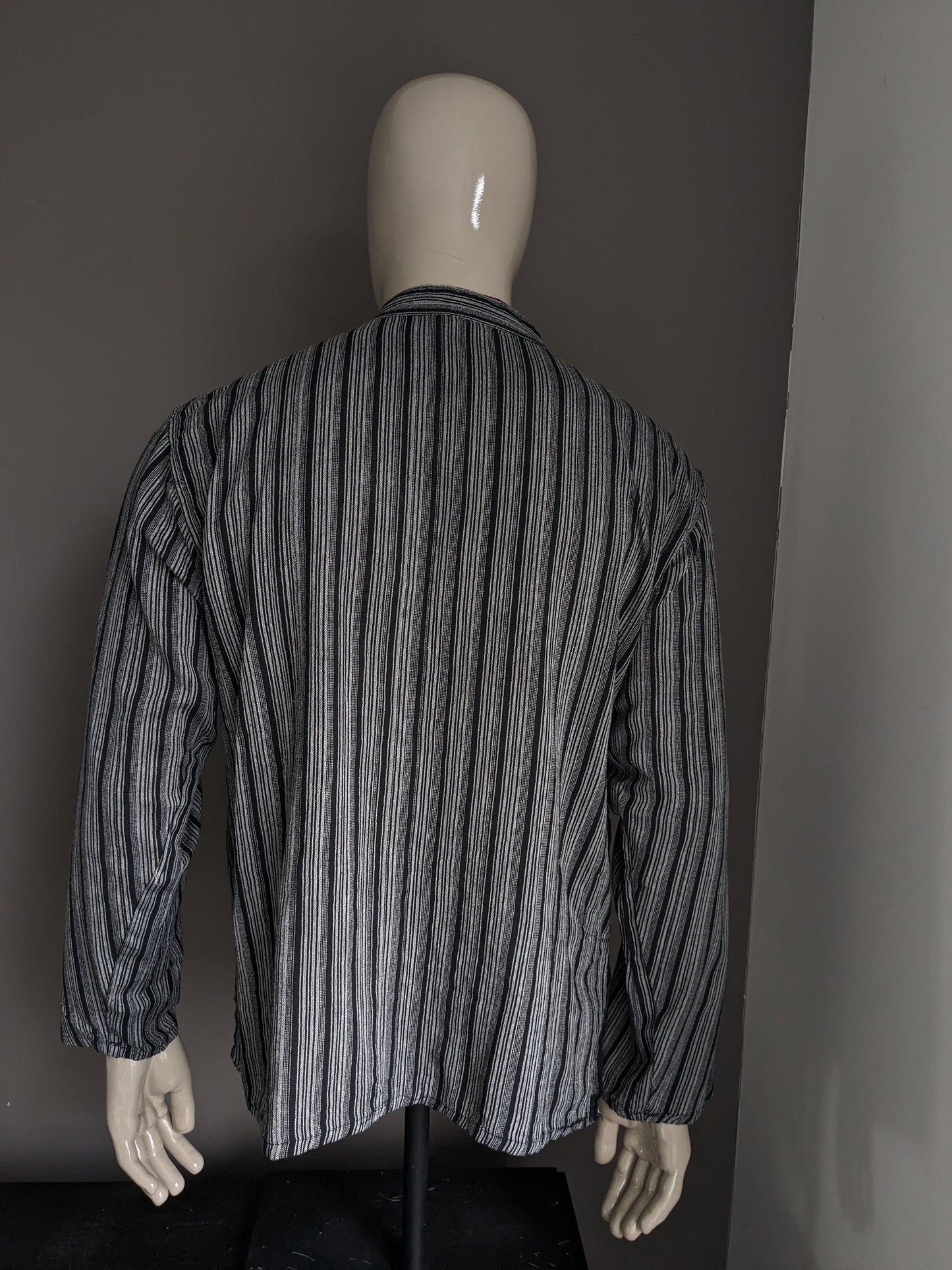 Vintage yuli polo sweater / shirt with raised / farmers / mao collar. Black gray striped with bag. Size XL.